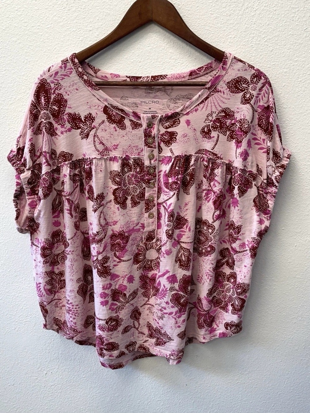 Pilcro Pink Floral Button-Front Short Sleeve Tunic